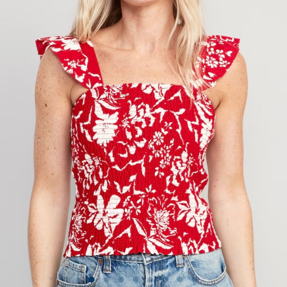 Old Navy Red Floral Ruffle Trim Smocked Square Neck Blouse Top